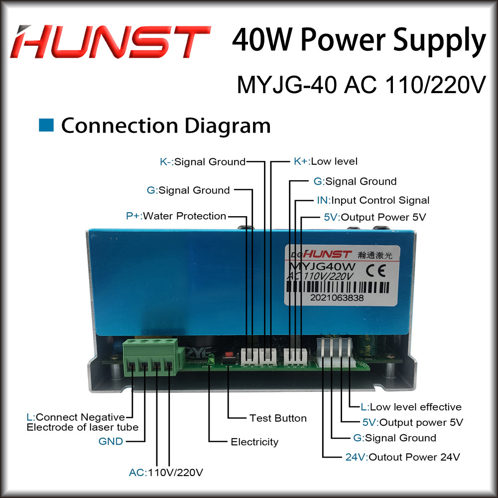 Hunst 40W CO2 Laser Power Supply 110V/220V for 30W 40W 50W Engraving Cutting Machine MYJG-40W Laser Generato