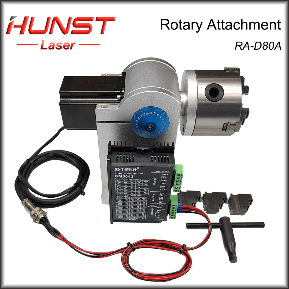 Hunst Rotary Attachment MAX Diameter 80mm Rotary Device with Three Chuck +DM5042 Driver for UV CO2 & Fiber Laser Marking Machine