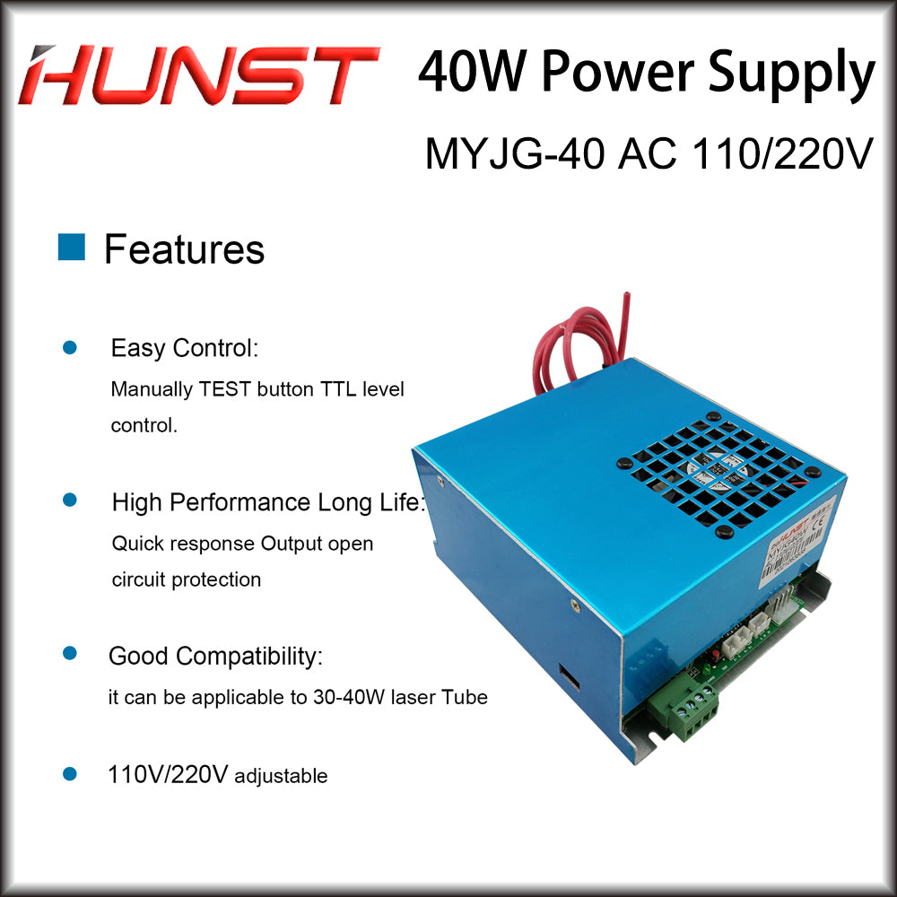 Hunst 40W CO2 Laser Power Supply 110V/220V for 30W 40W 50W Engraving Cutting Machine MYJG-40W Laser Generato