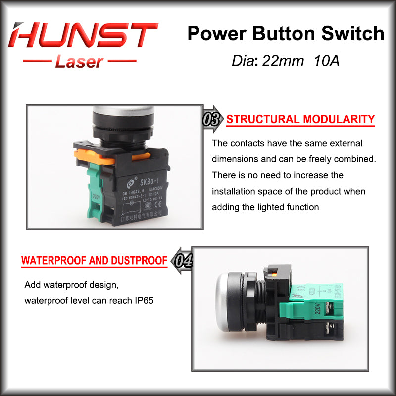 Hunst 22mm Quality Sliver Contact Push Button Switch, For Laser Marking Machine & CO2 Laser Cutting Engraving Machine