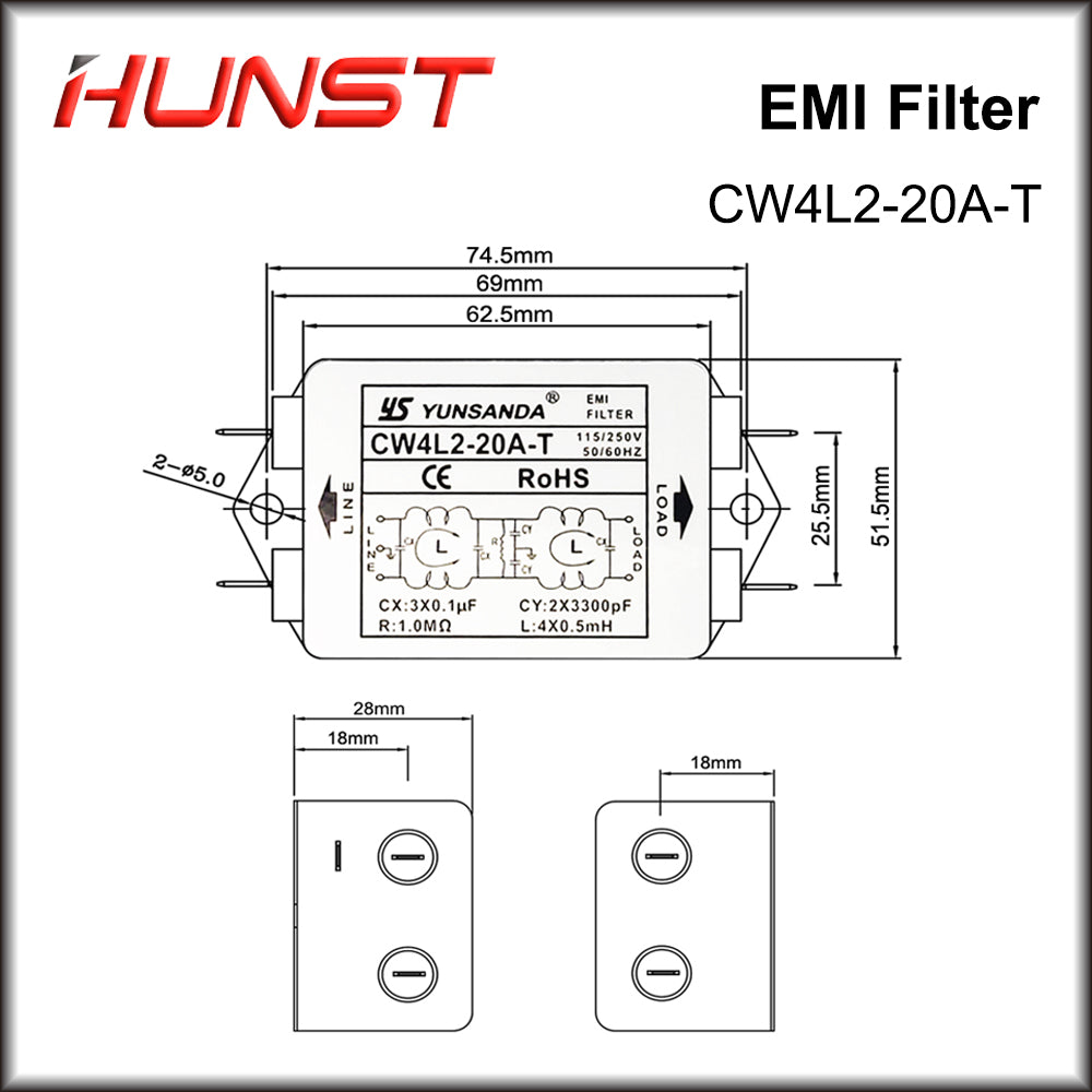 Hunst Power EMI Filter CW4L2-20A-T Single Phase AC 115V / 250V 20A 50/60HZ For Laser Cutting Machine And Laser Marking Machine.