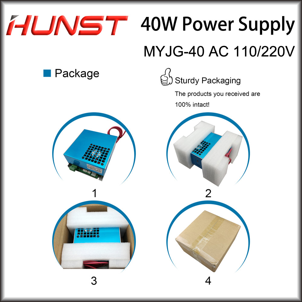 Hunst 40W CO2 Laser Power Supply 110V/220V for 30W 40W 50W Engraving Cutting Machine MYJG-40W Laser Generato