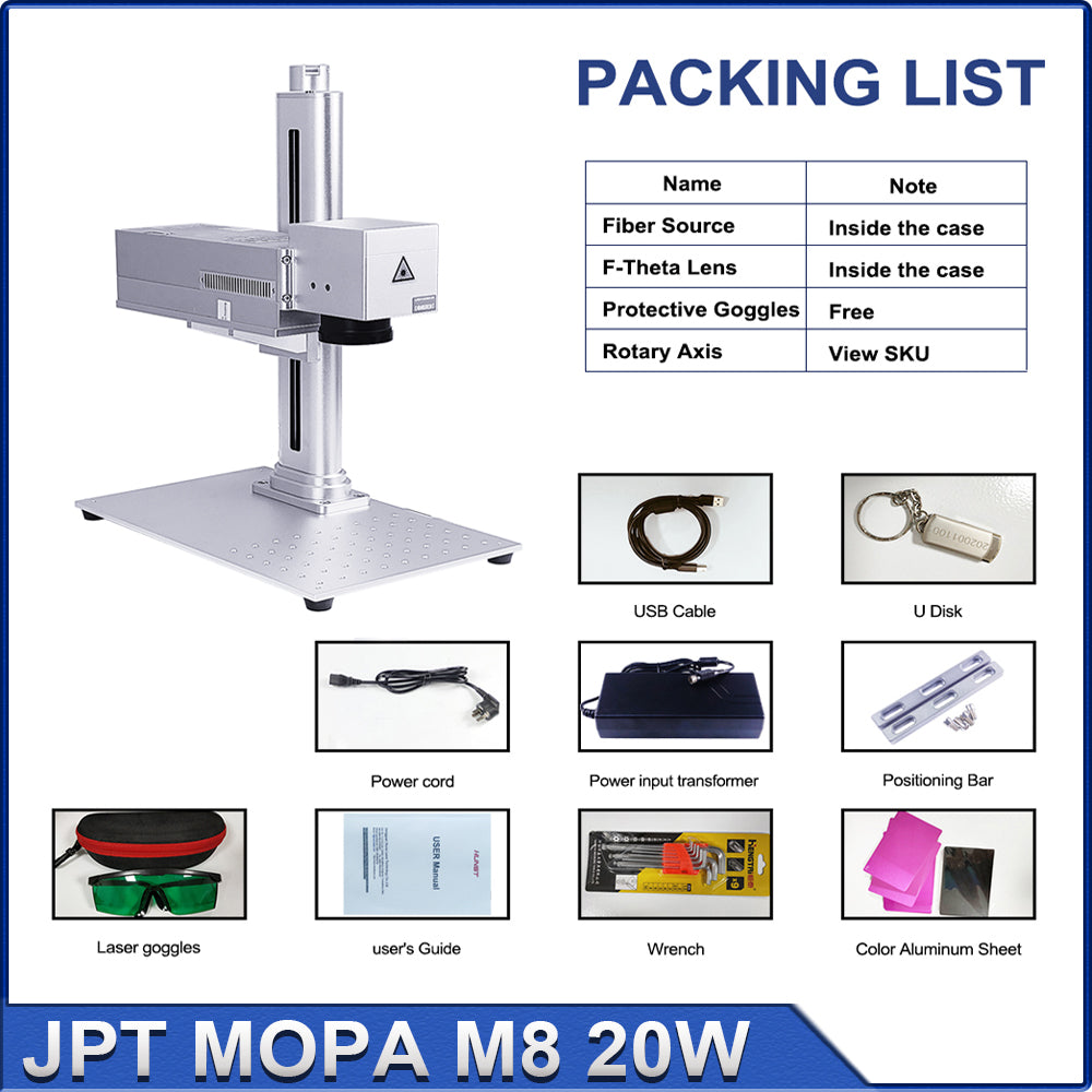 Máquina de marcação a laser HUNST Mini 20W JPT MOPA M8 Laser de fibra portátil para marcação colorida de aço inoxidável e gravação em metal faça você mesmo.