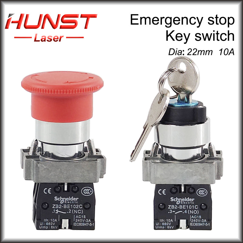 Hunst Emergency Stop Button NC Key Switch NO AC15 10A for CO2 Laser Engraving Cutting Machine