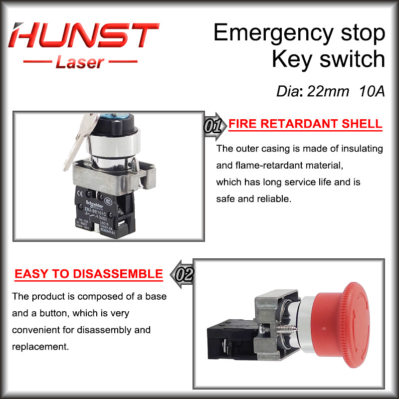 Hunst Emergency Stop Button NC Key Switch NO AC15 10A for CO2 Laser Engraving Cutting Machine