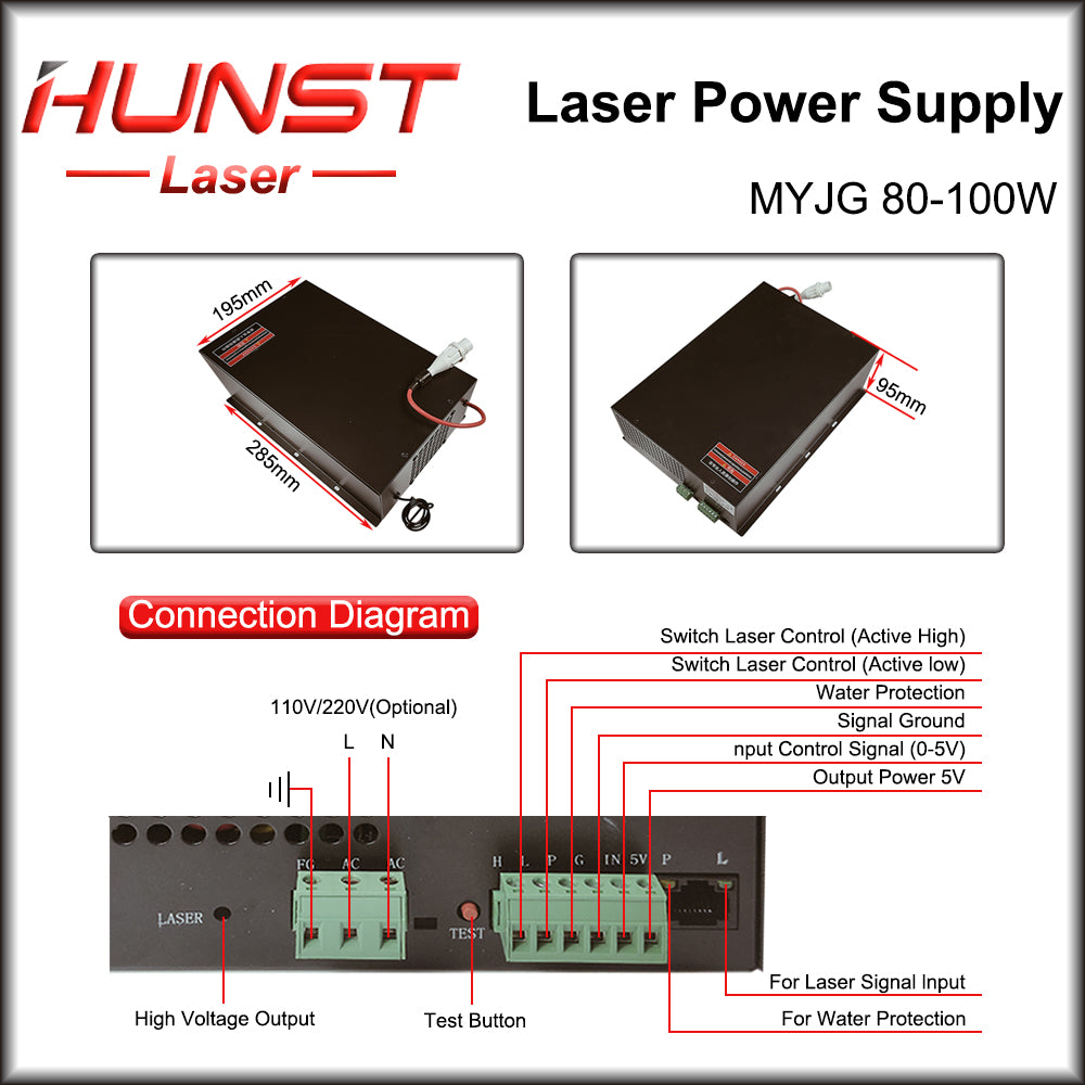 Hunst MYJG 80-100W CO2 Laser Power Supply 80~100W Laser Generator For Co2 Engraving Cutting Machine Glass Tube