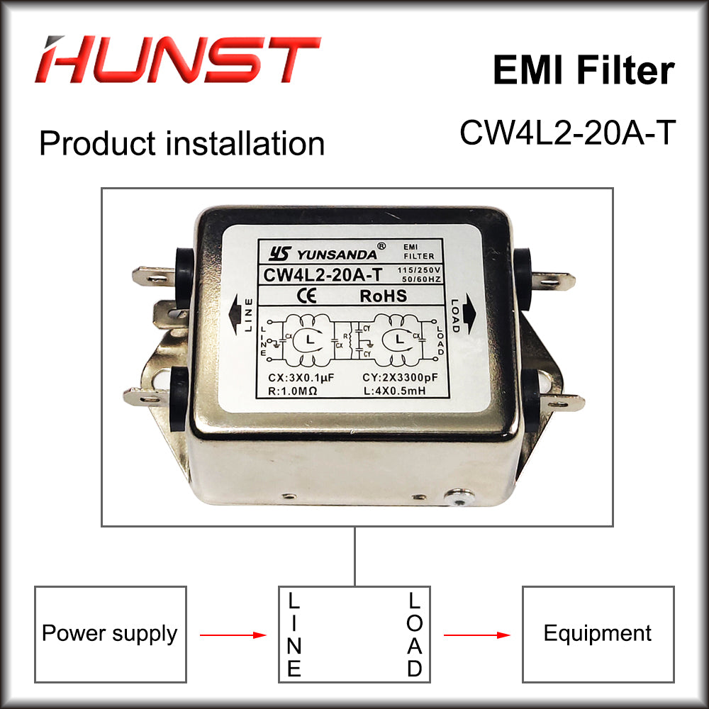 Hunst Power EMI Filter CW4L2-20A-T Single Phase AC 115V / 250V 20A 50/60HZ For Laser Cutting Machine And Laser Marking Machine.