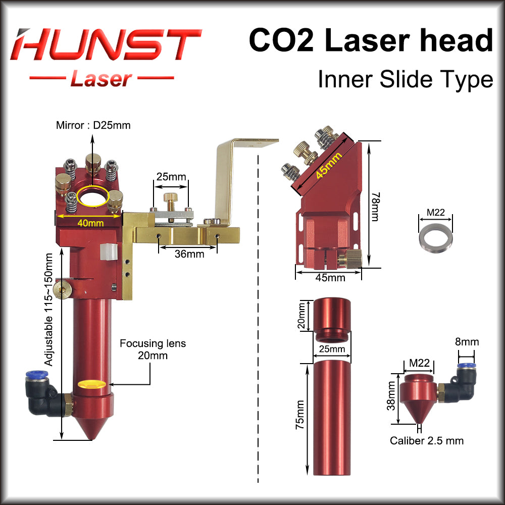 Hunst Hot Sell Inner Slide Type CO2 Laser Head with Air Nozzle for Inner Guide Rail Laser Cutting Machine Spare Parts