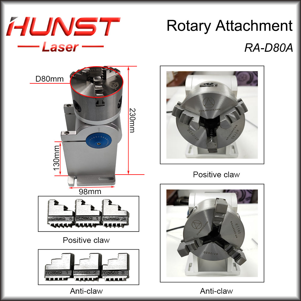 Hunst Rotary Attachment MAX Diameter 80mm Rotary Device with Three Chuck +DM5042 Driver for UV CO2 & Fiber Laser Marking Machine