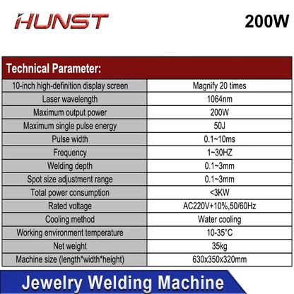 HUNST 200W Jewelry Laser Spot Welding Machine Laser Soldering With HD CCD Microscope for Gold Silver Chain Ring Pendant Denture
