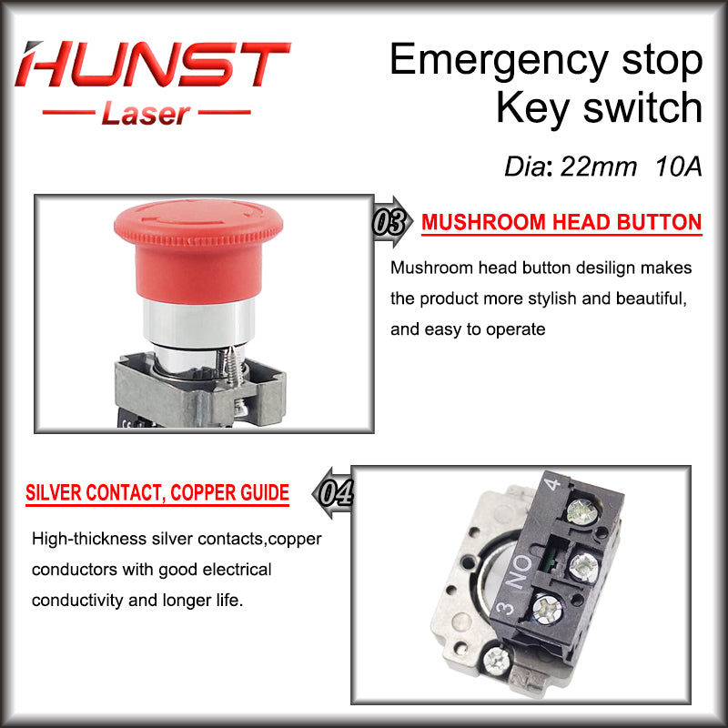 Hunst Emergency Stop Button NC Key Switch NO AC15 10A for CO2 Laser Engraving Cutting Machine