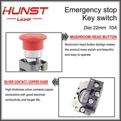 Hunst Emergency Stop Button NC Key Switch NO AC15 10A for CO2 Laser Engraving Cutting Machine