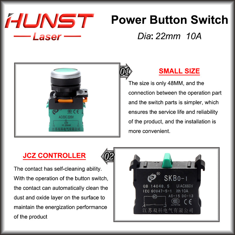 Hunst 22mm Quality Sliver Contact Push Button Switch, For Laser Marking Machine & CO2 Laser Cutting Engraving Machine