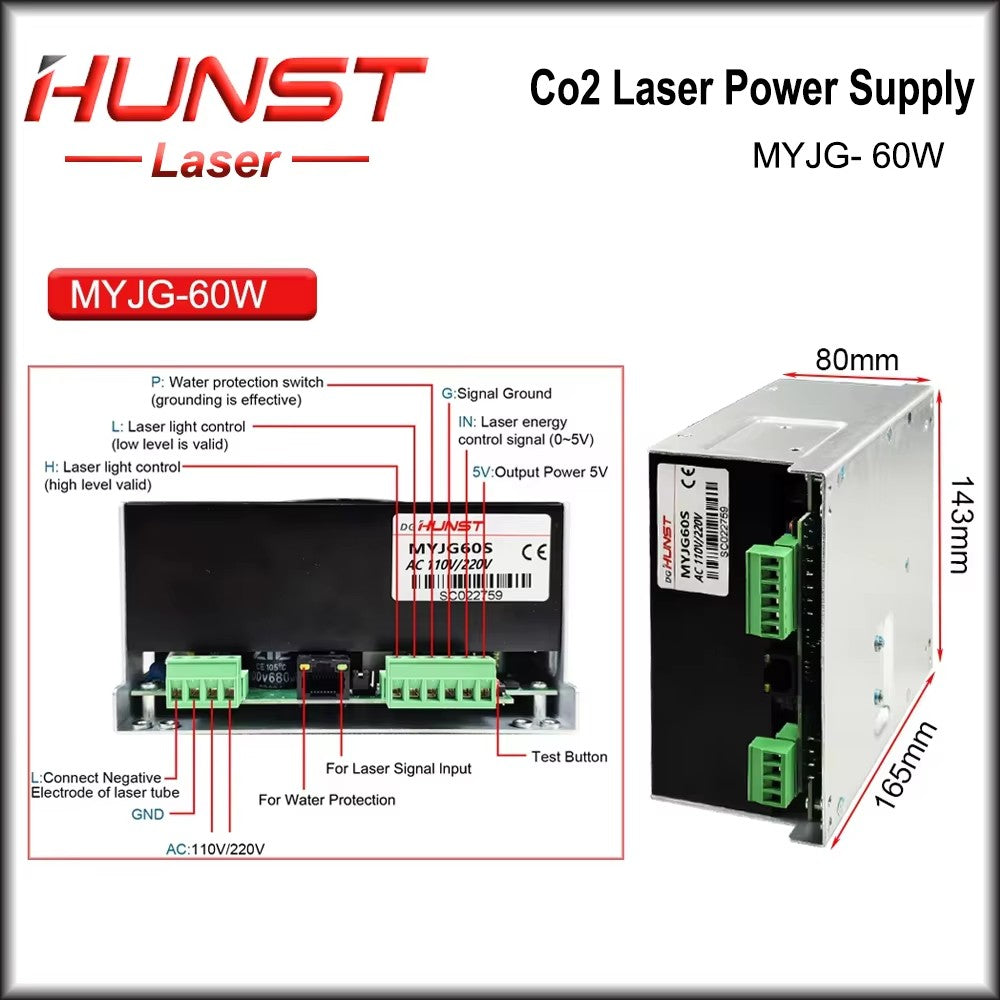 HUNST 40W-60W Co2 Laser Power Supply MYJG-40W 50W 60W Suitable for 40W 60W laser cutting and engraving machines